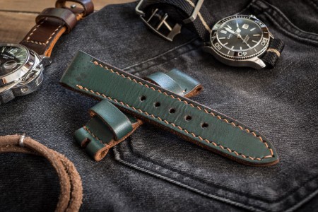 Green watch strap, custom made good in Italian veg tan. 18mm, 19mm, 20mm, 21mm, 22mm